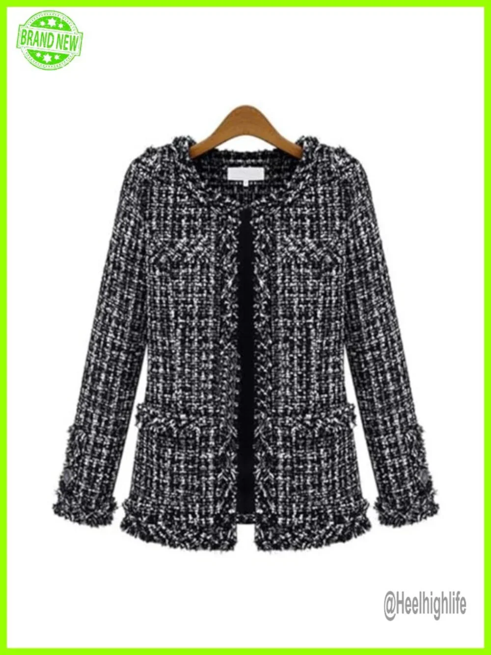 Vintage Tweed Slim Blazer Jacket, Fringed Trim, Patch Pockets